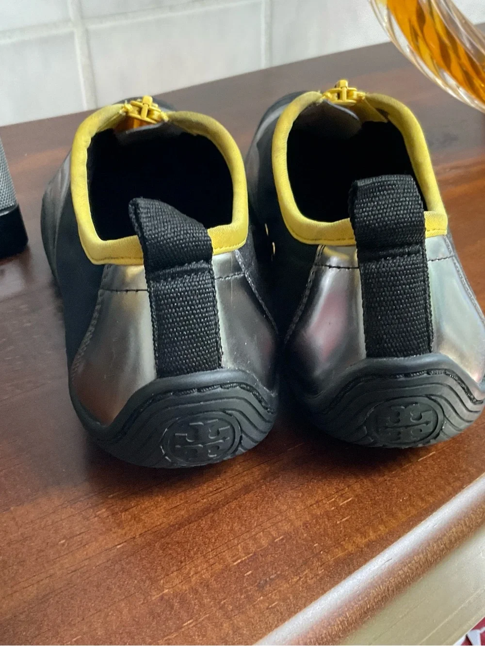 Tory Burch Black and Yellow Zip-Front Slip-On Loafers